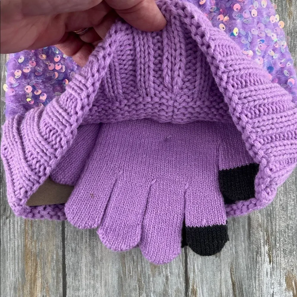 Girls Justice Sequin Cable Knit Hat and Gloves Set Pink 2-Pack